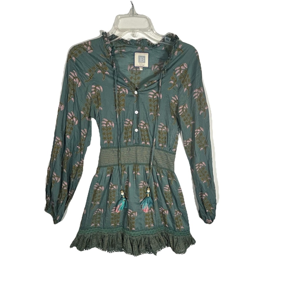 E By Eloise Dress Boho Floral Mini Tassel Tie Smocked Waist Teal Pink Size XS